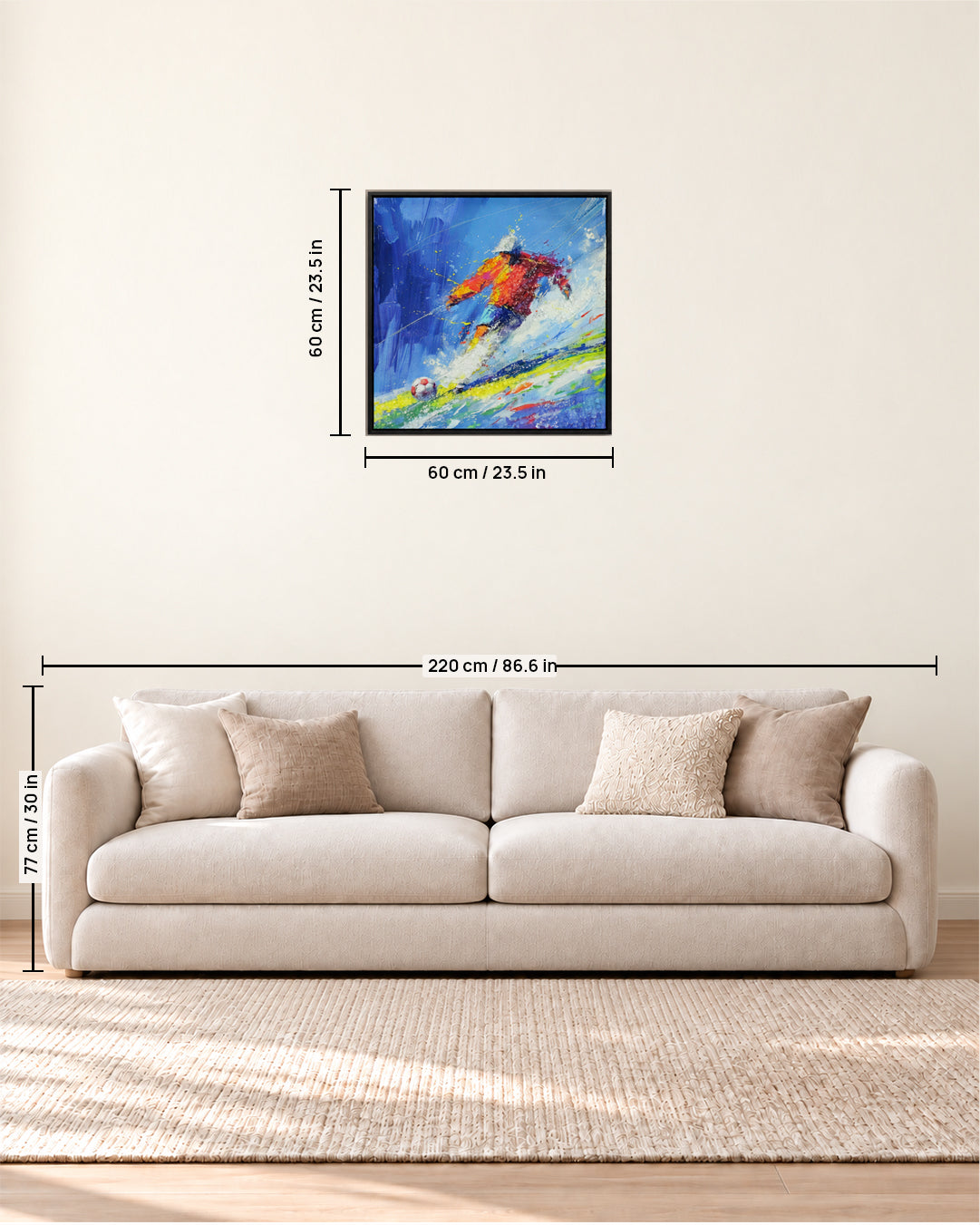 The Moment Before football resin wall art size guide above a sofa