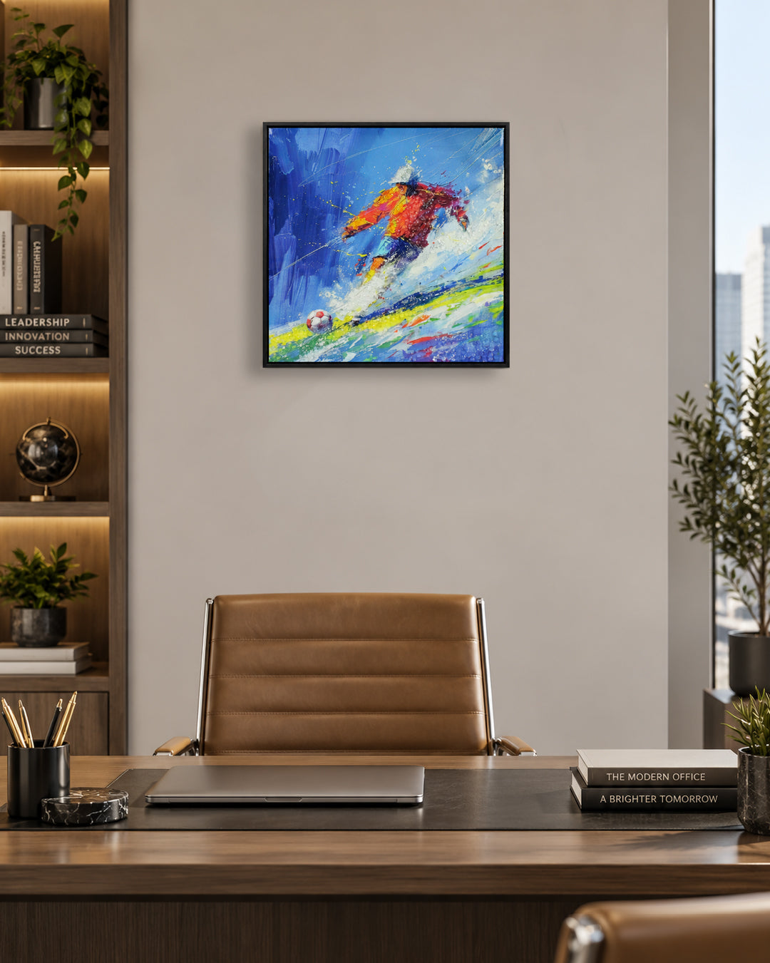 The Moment Before football resin wall art in a study above a desk