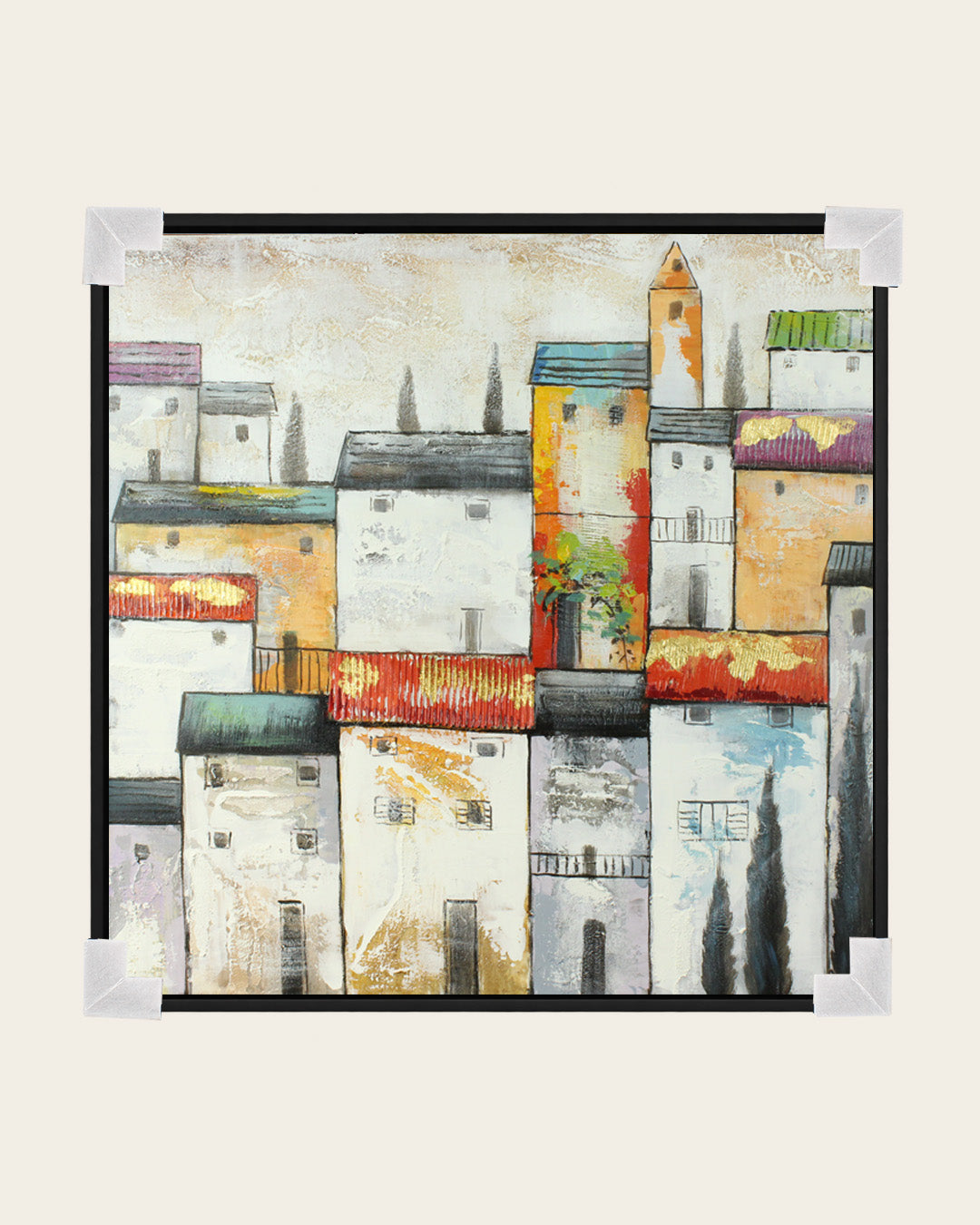 The Old Quarter Mediterranean village painting with corner protectors for delivery