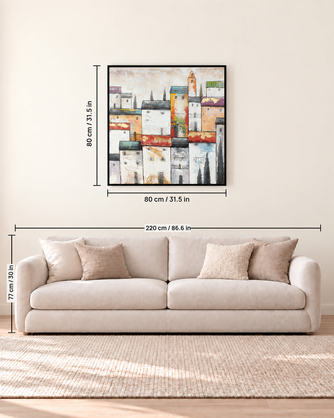 The Old Quarter Mediterranean village painting size guide above a sofa