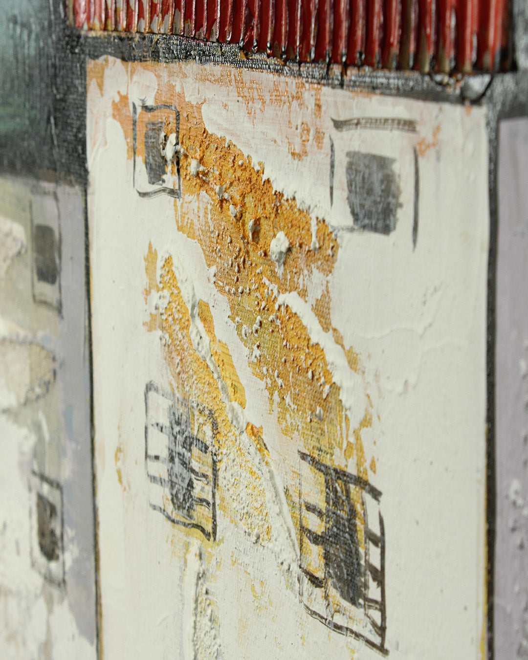 The Old Quarter Mediterranean village painting close-up of the textured paint