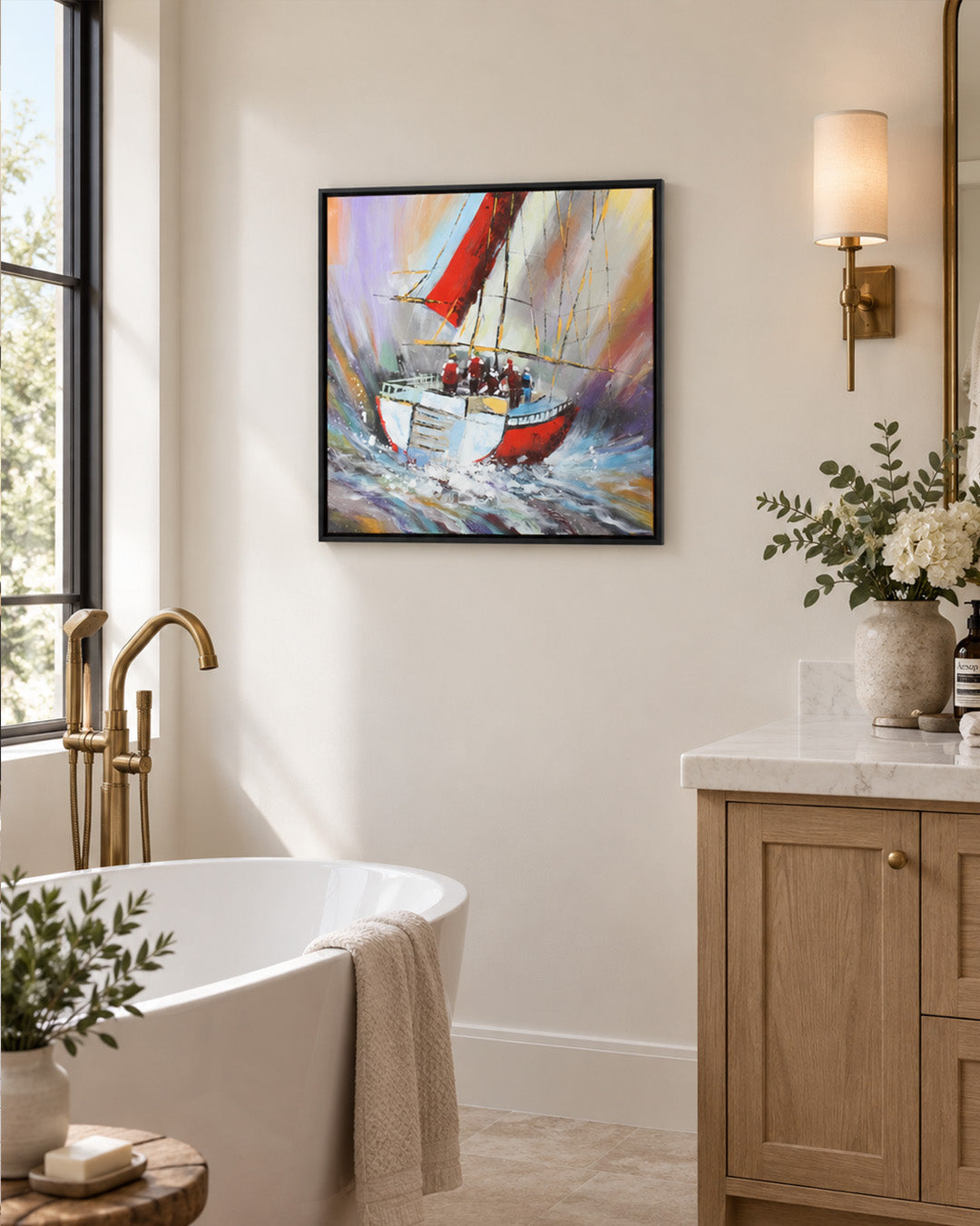 The Painted Voyage fishing boat painting in a bathroom