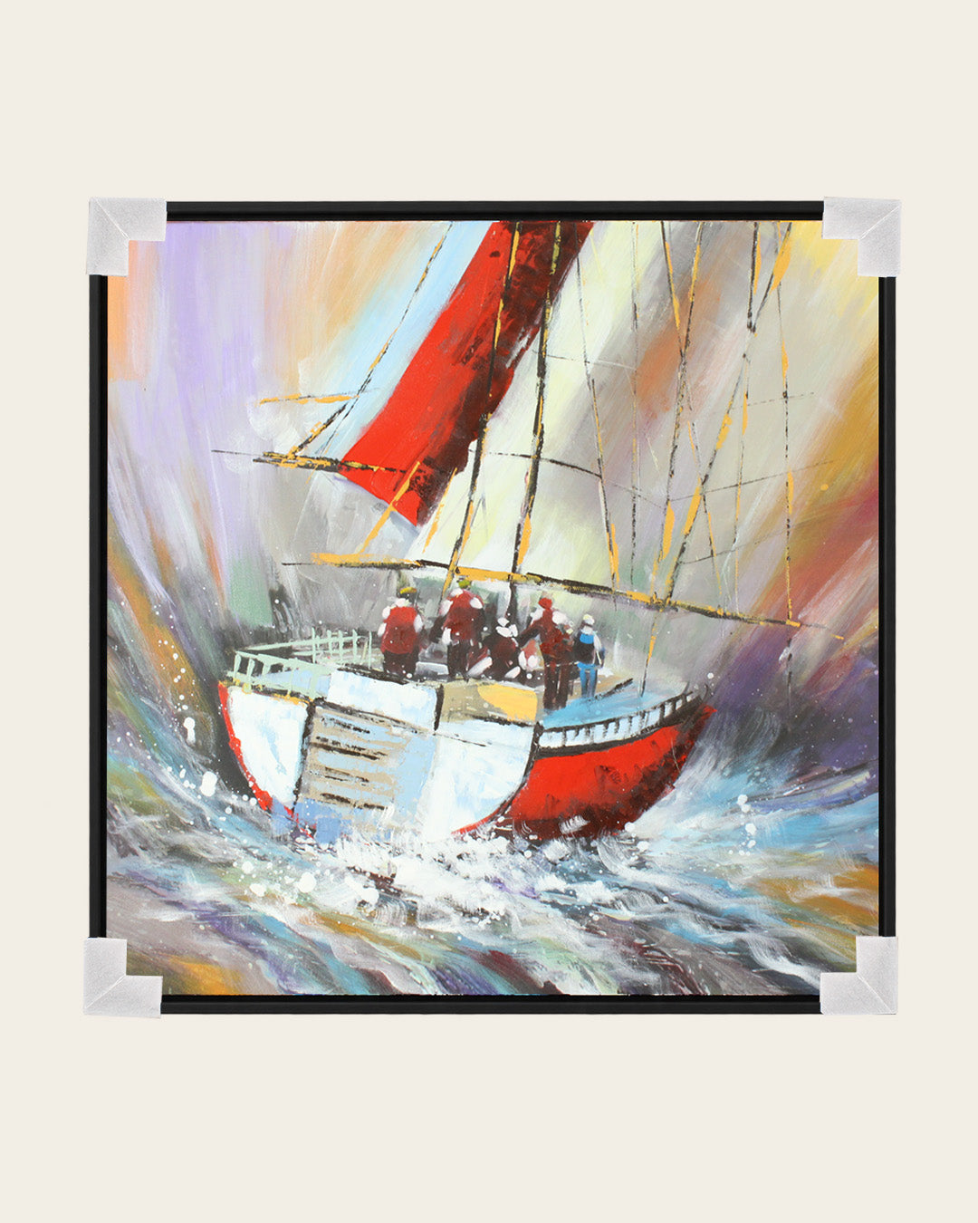 The Painted Voyage fishing boat painting with corner protectors for delivery