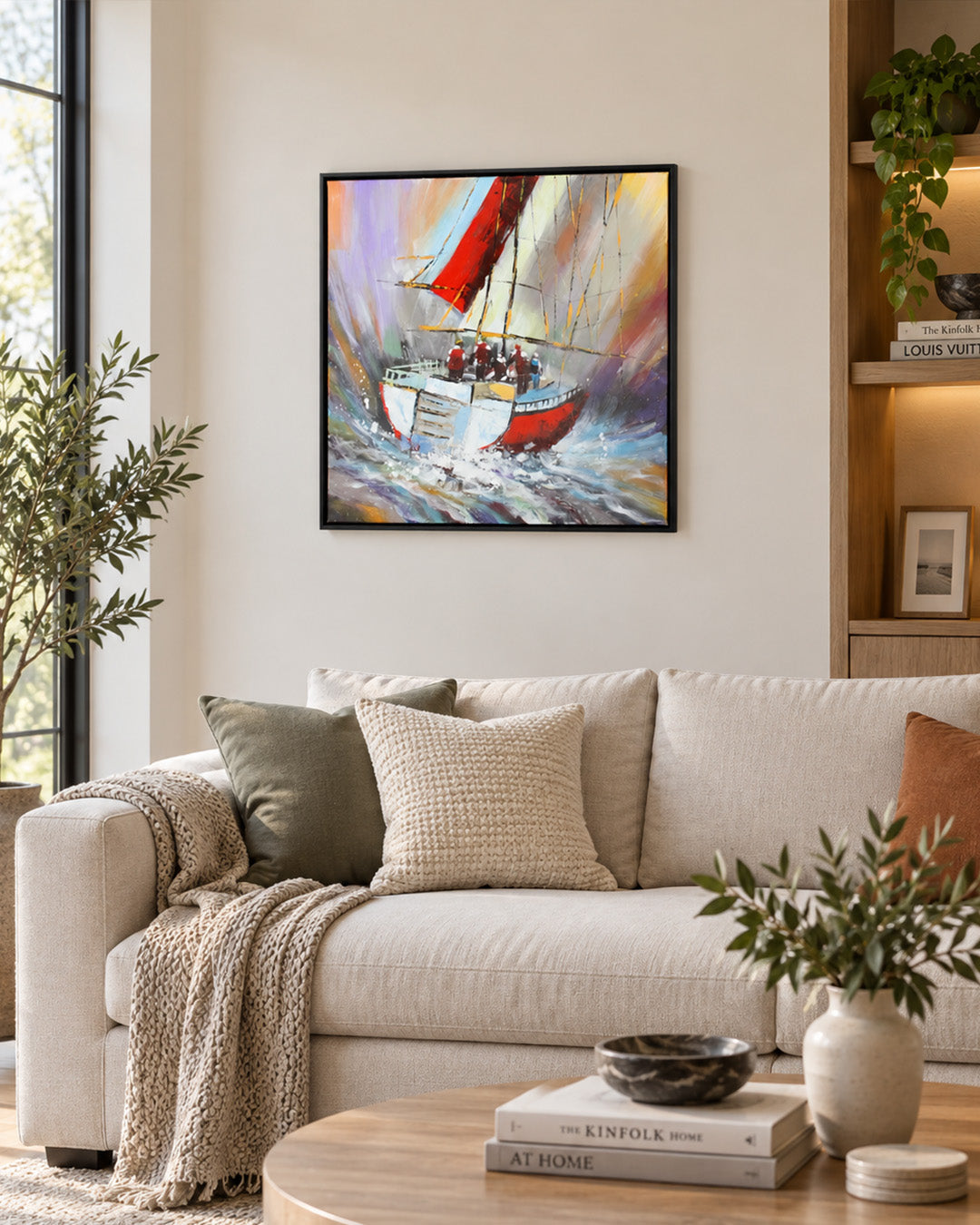 The Painted Voyage fishing boat painting above a sofa in a living room
