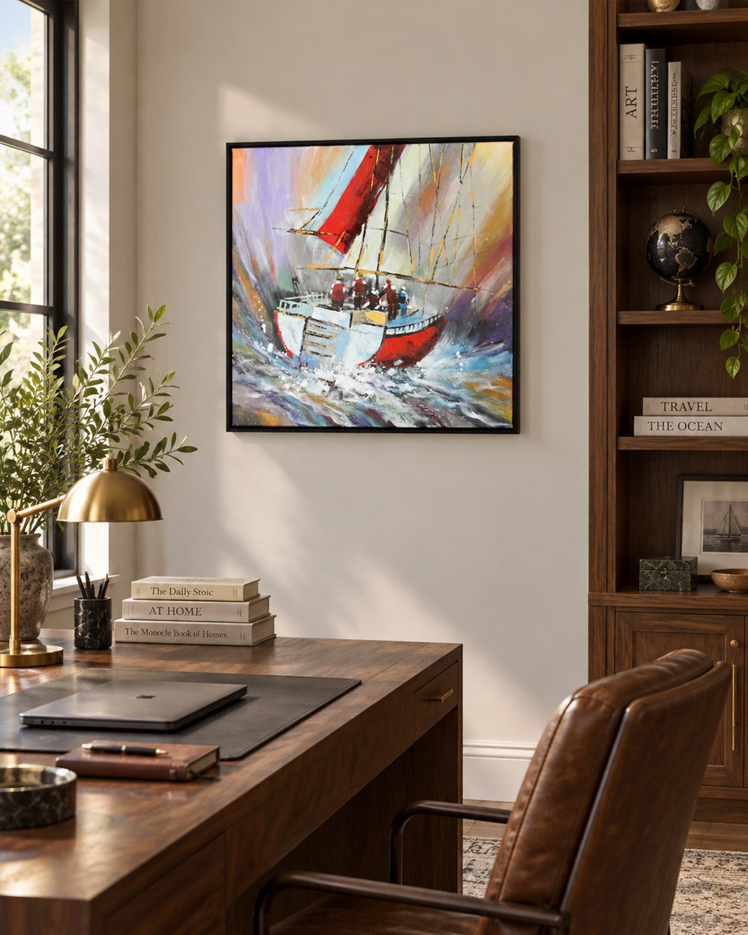 The Painted Voyage fishing boat painting in a home office