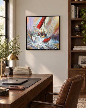 The Painted Voyage fishing boat painting in a home office