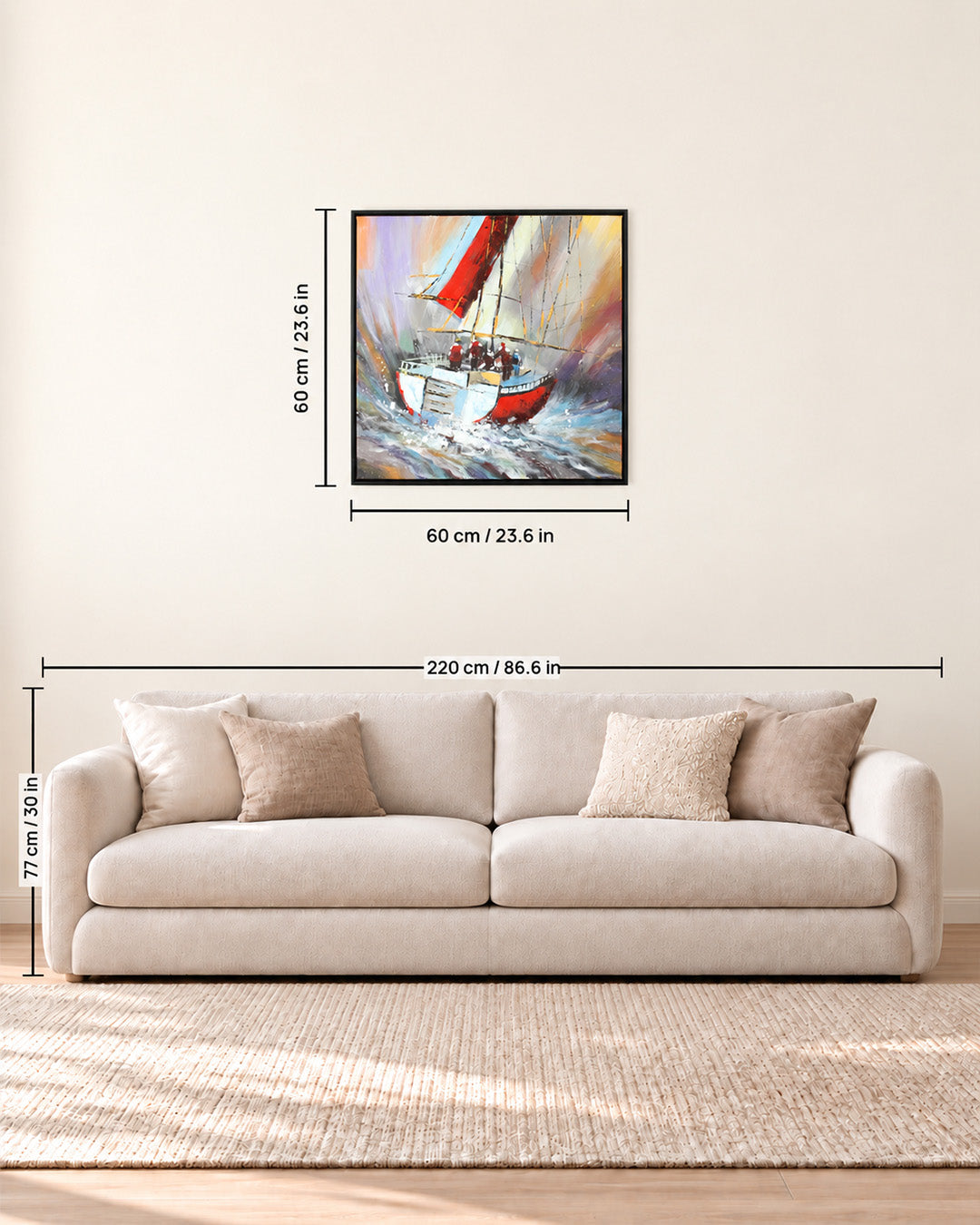 The Painted Voyage fishing boat painting size guide above a sofa