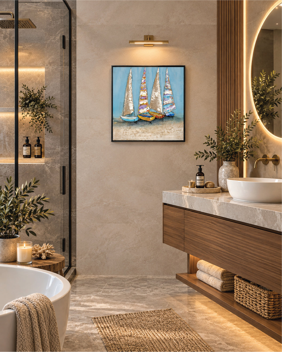 The Quiet Fleet colourful sailboat painting in a bathroom