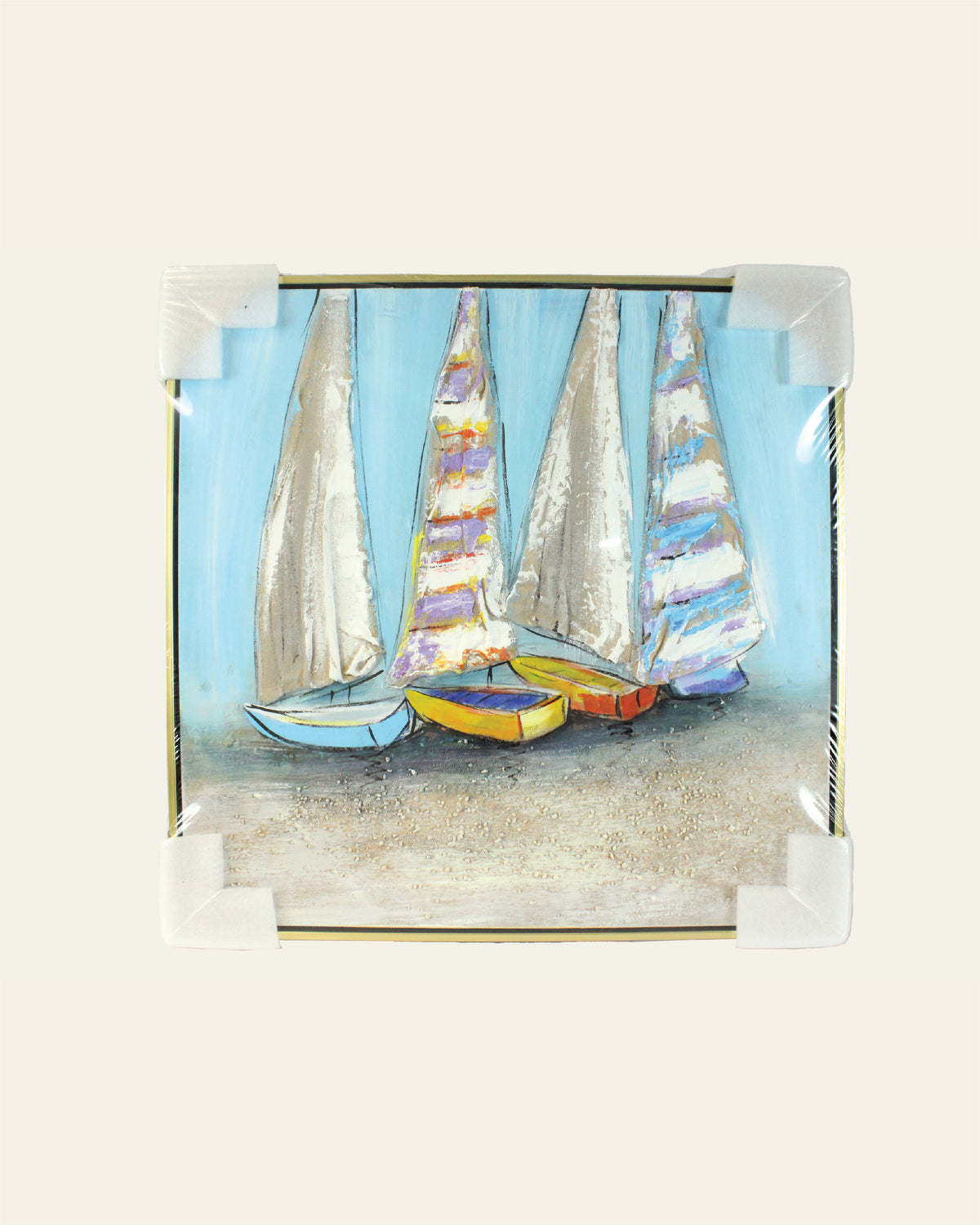 The Quiet Fleet colourful sailboat painting with corner protectors for delivery
