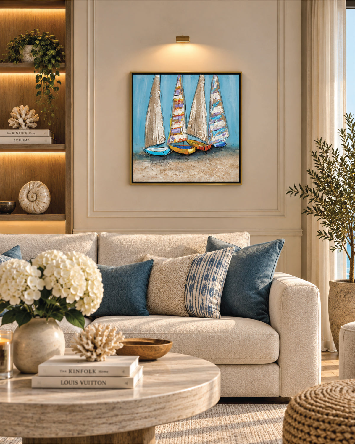 The Quiet Fleet colourful sailboat painting above a sofa in a living room