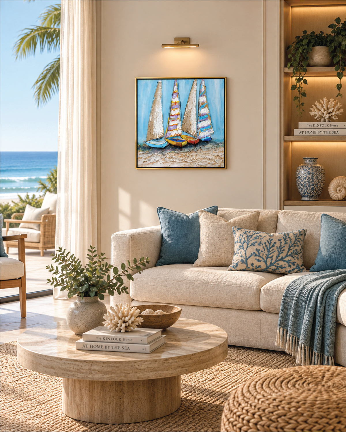 The Quiet Fleet colourful sailboat painting above a sofa in a living room