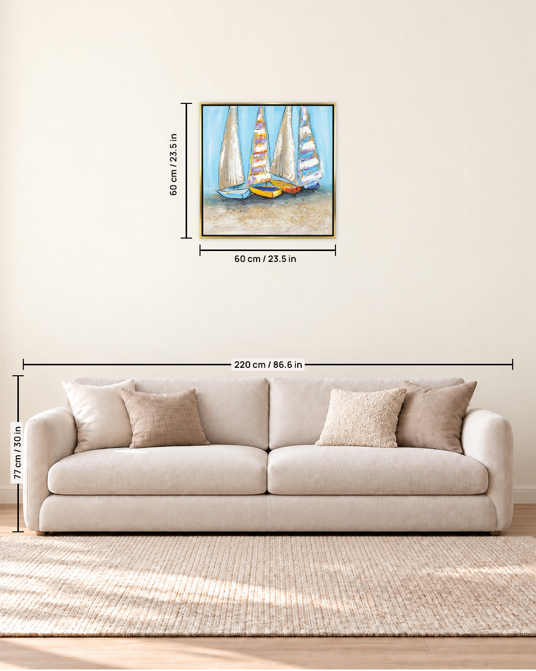 The Quiet Fleet colourful sailboat painting size guide above a sofa