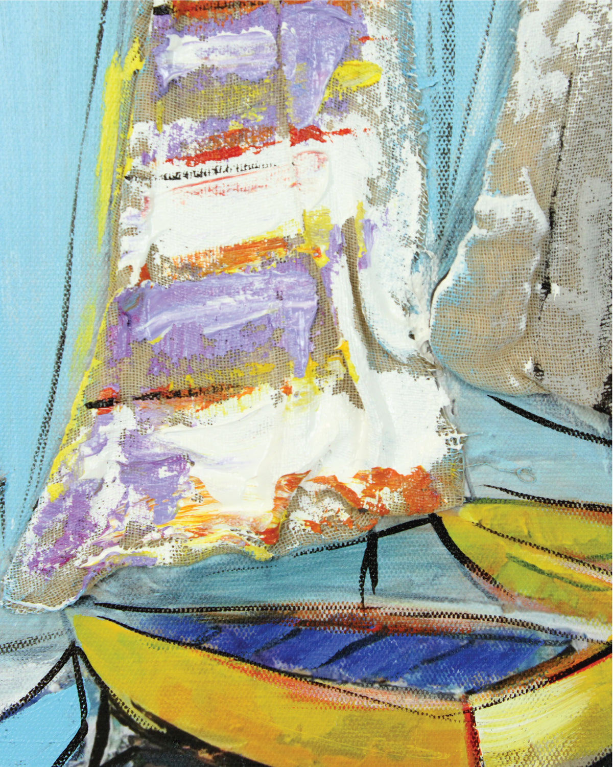 The Quiet Fleet colourful sailboat painting close-up of the textured paint