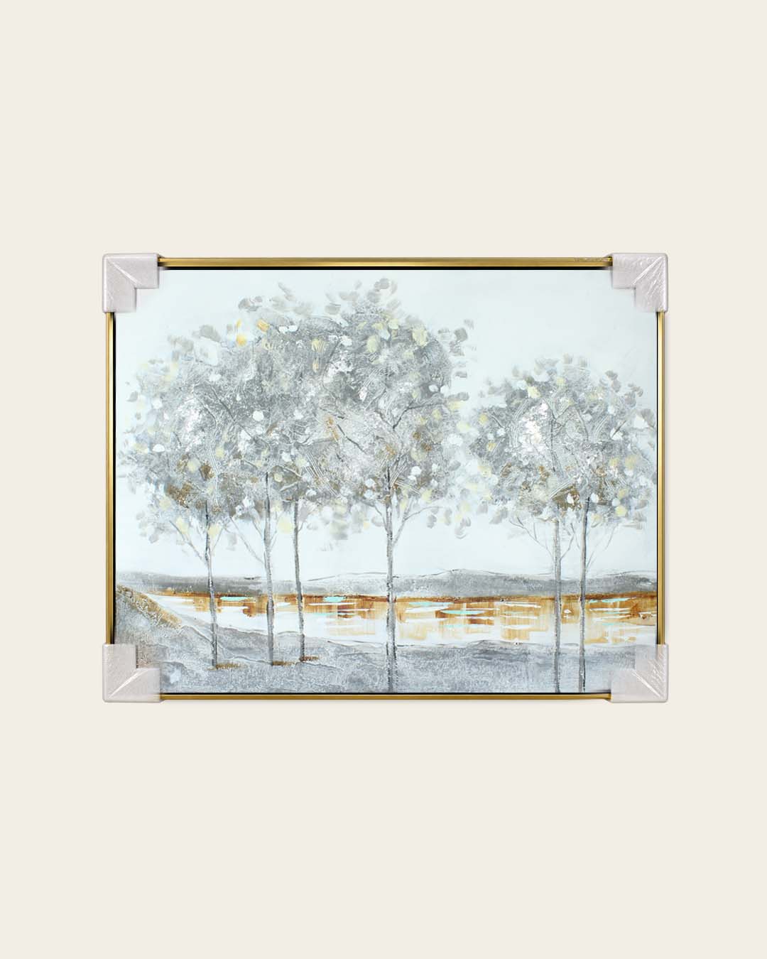 The Quiet Grove silver birch painting with corner protectors for delivery
