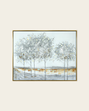 The Quiet Grove silver birch painting in a gold black frame