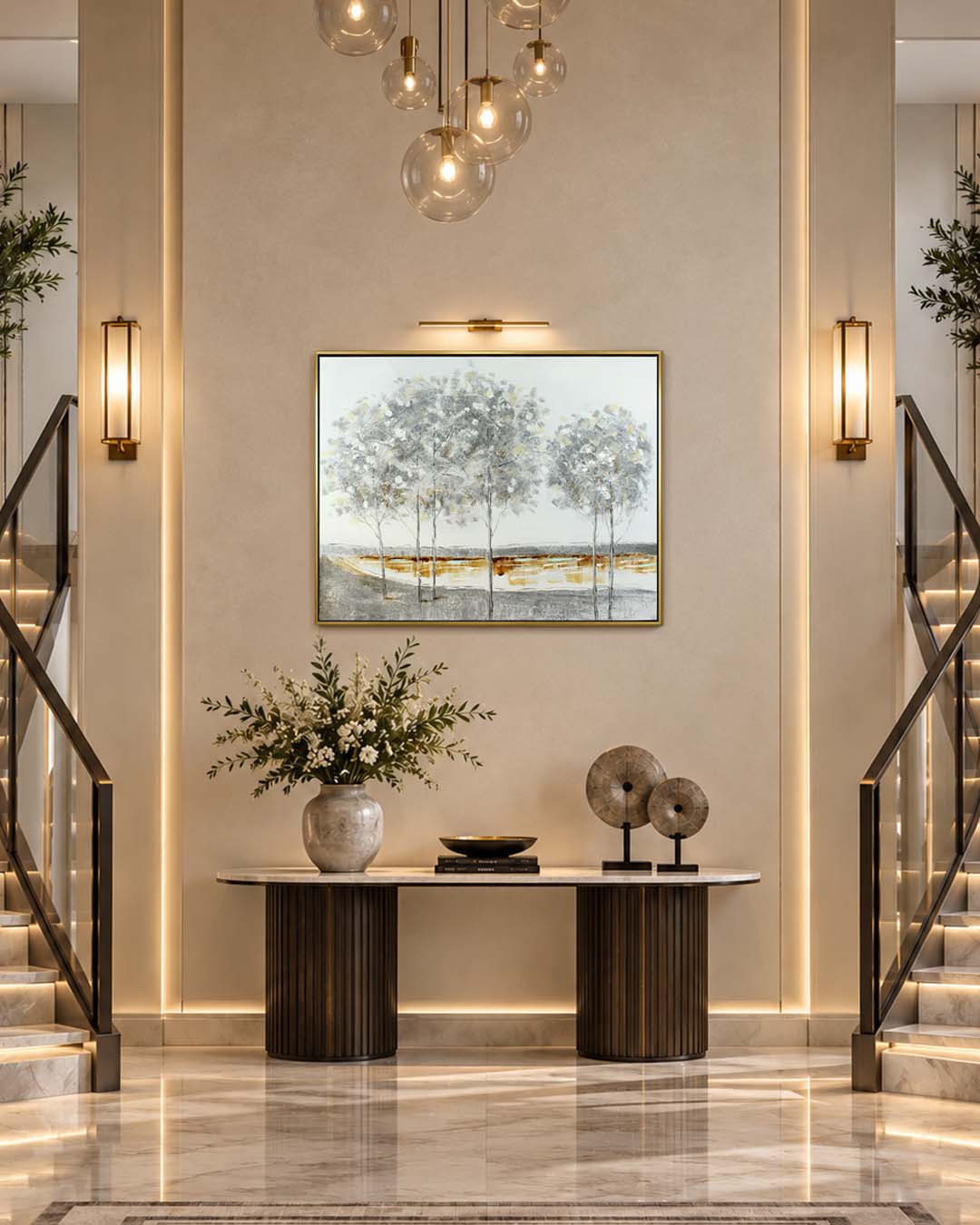 The Quiet Grove silver birch painting in a hallway