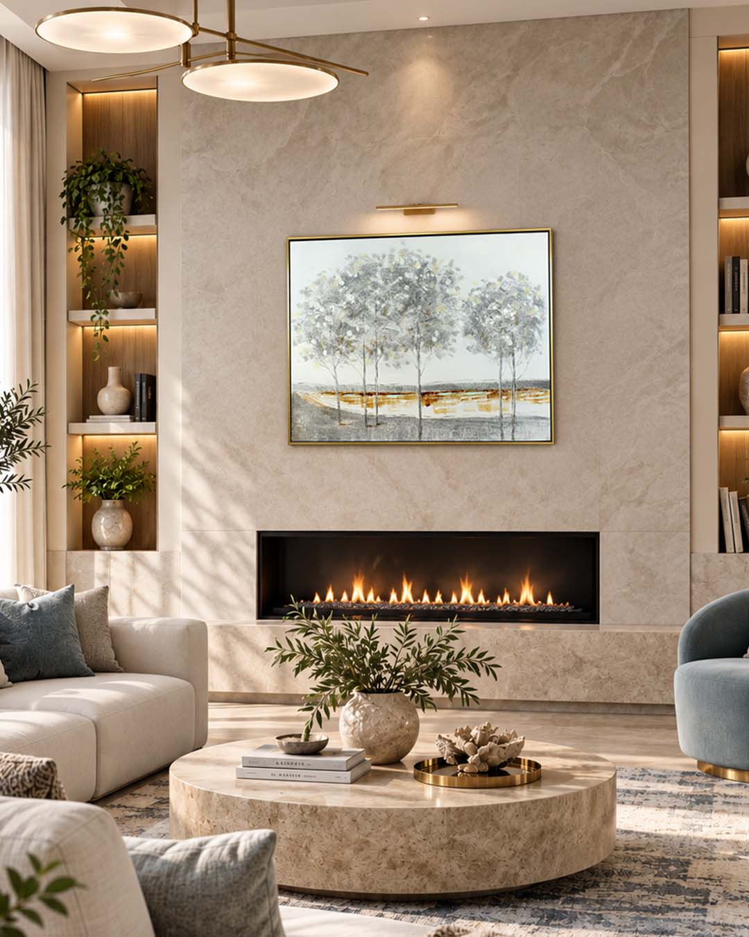 The Quiet Grove silver birch painting above a sofa in a living room