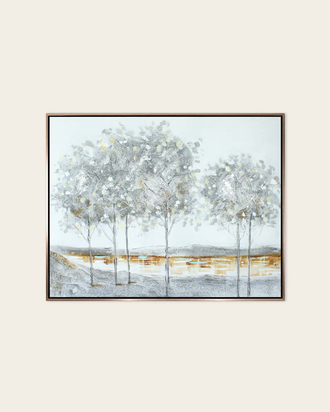 The Quiet Grove silver birch painting in a rose gold frame