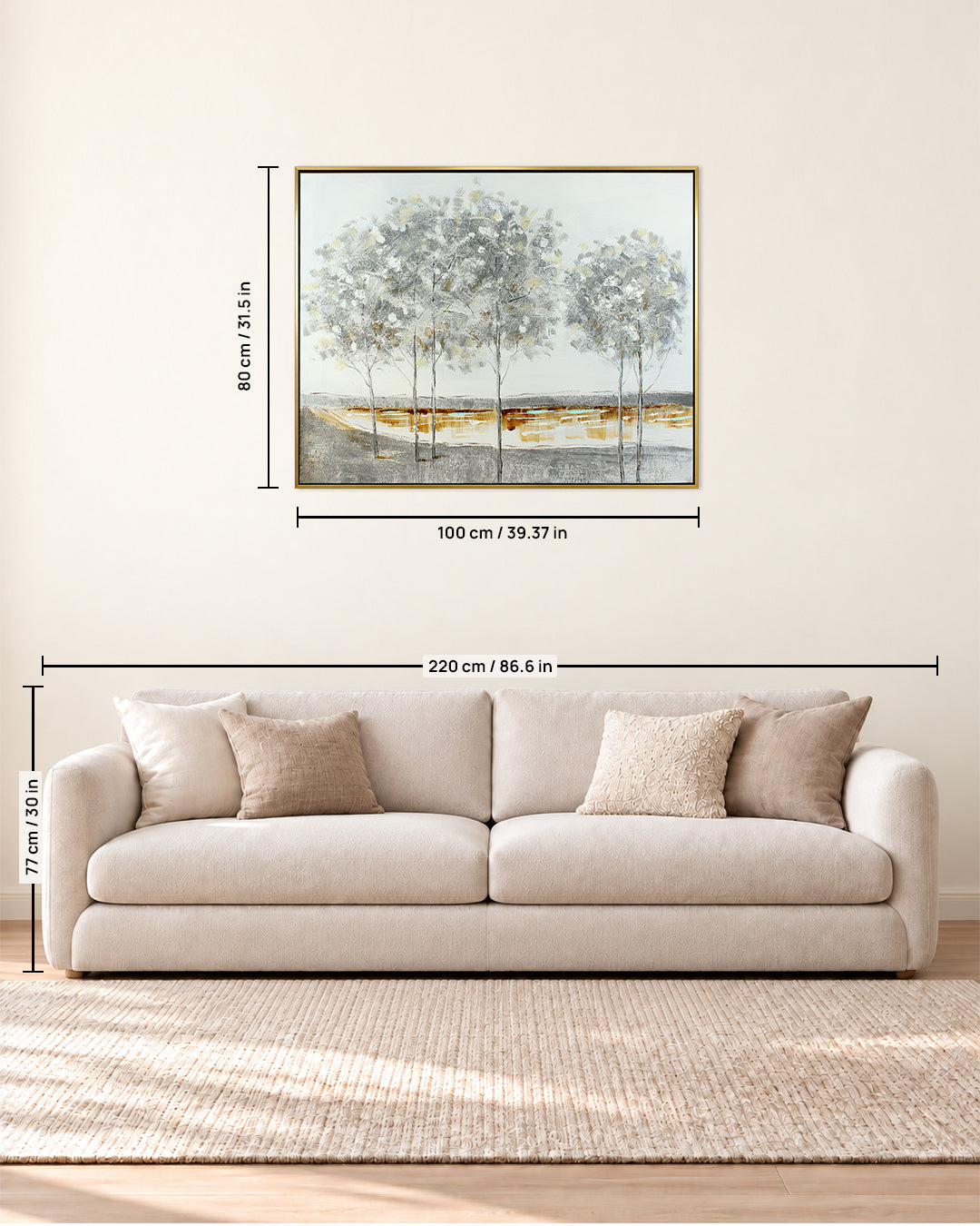 The Quiet Grove silver birch painting size guide above a sofa