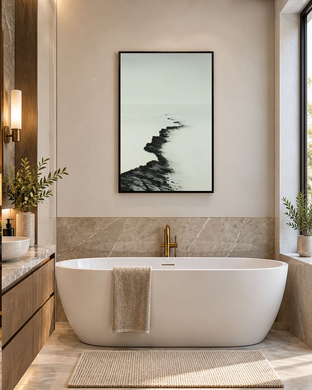 The Ridge minimalist seascape wall art in a bathroom beside a freestanding bath