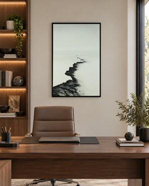 The Ridge minimalist seascape wall art in a home office above a desk