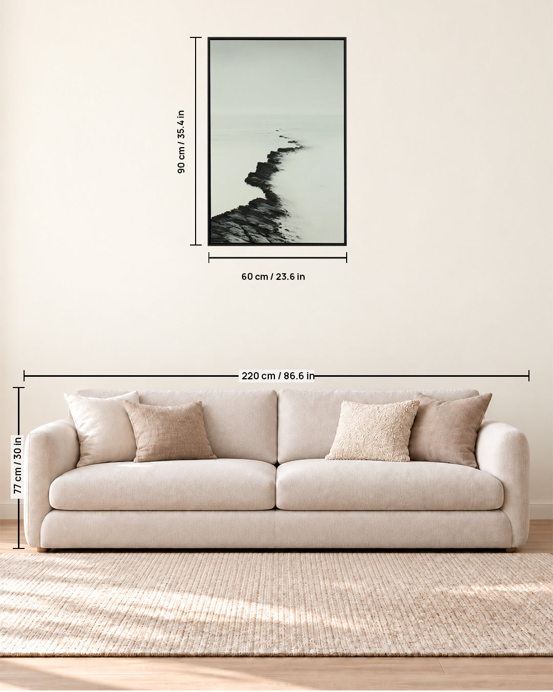 The Ridge minimalist seascape wall art size guide above a sofa