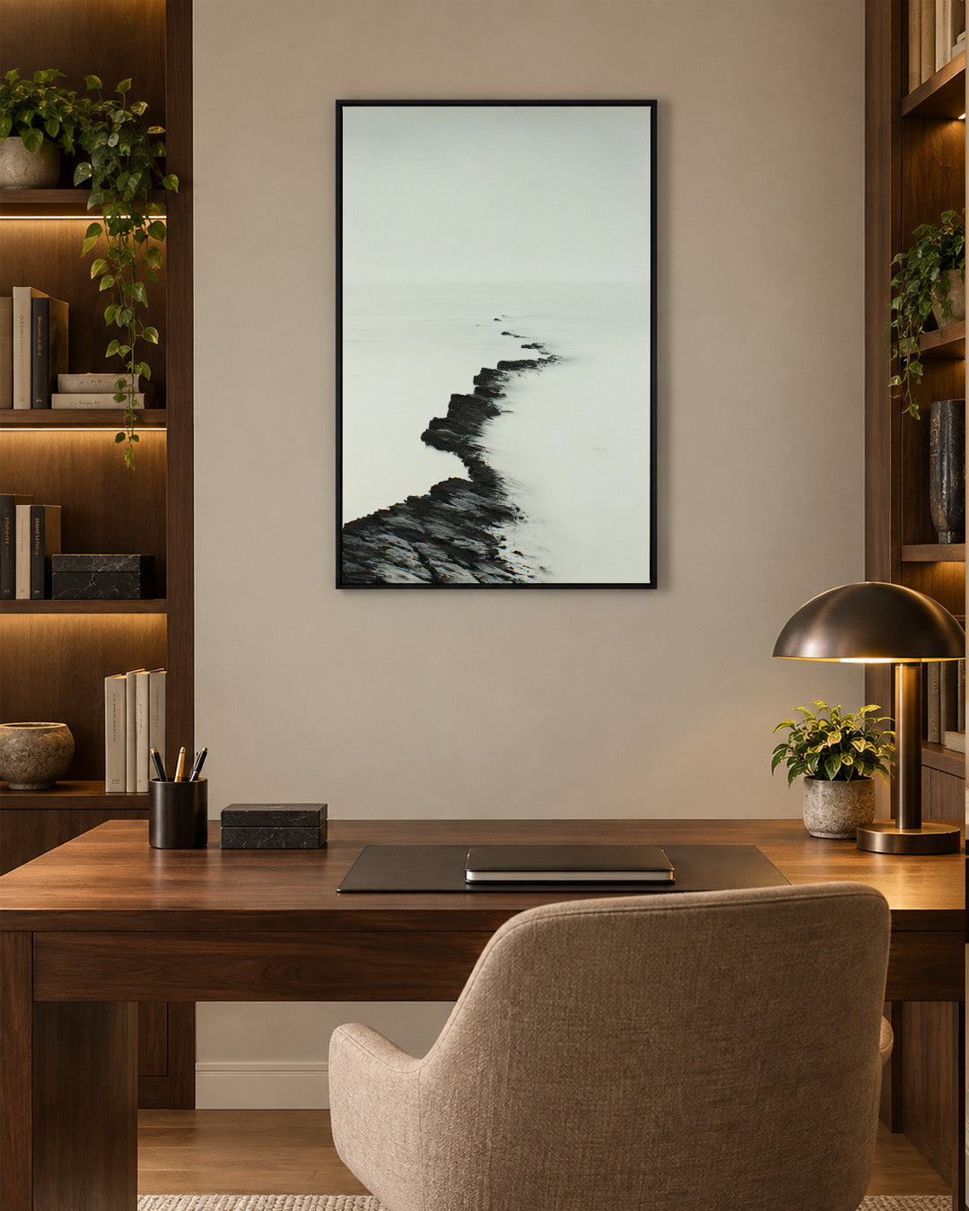 The Ridge minimalist seascape wall art in a study above a desk