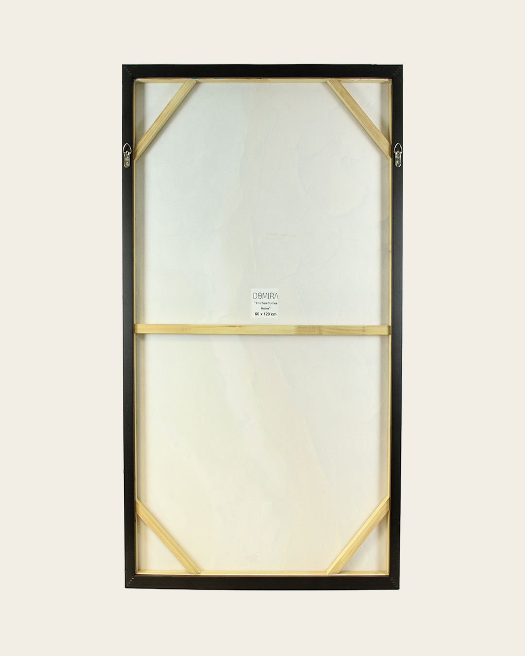 The Sea Comes Home minimalist beach painting back of the framed canvas