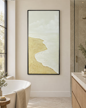 The Sea Comes Home minimalist beach painting in a bathroom