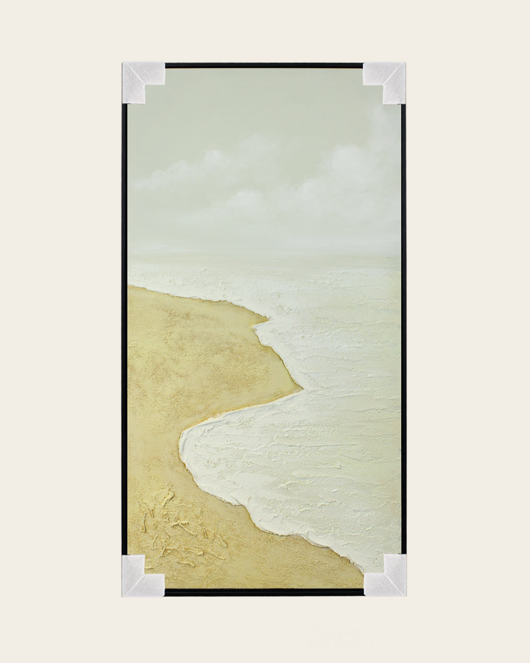 The Sea Comes Home minimalist beach painting with corner protectors for delivery