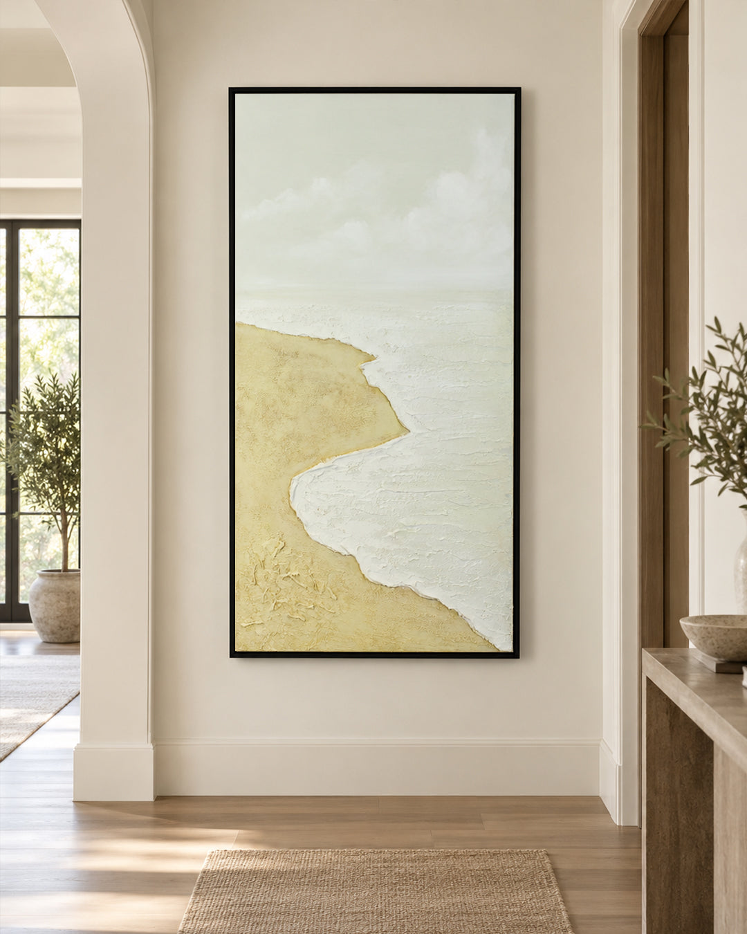 The Sea Comes Home minimalist beach painting in a hallway
