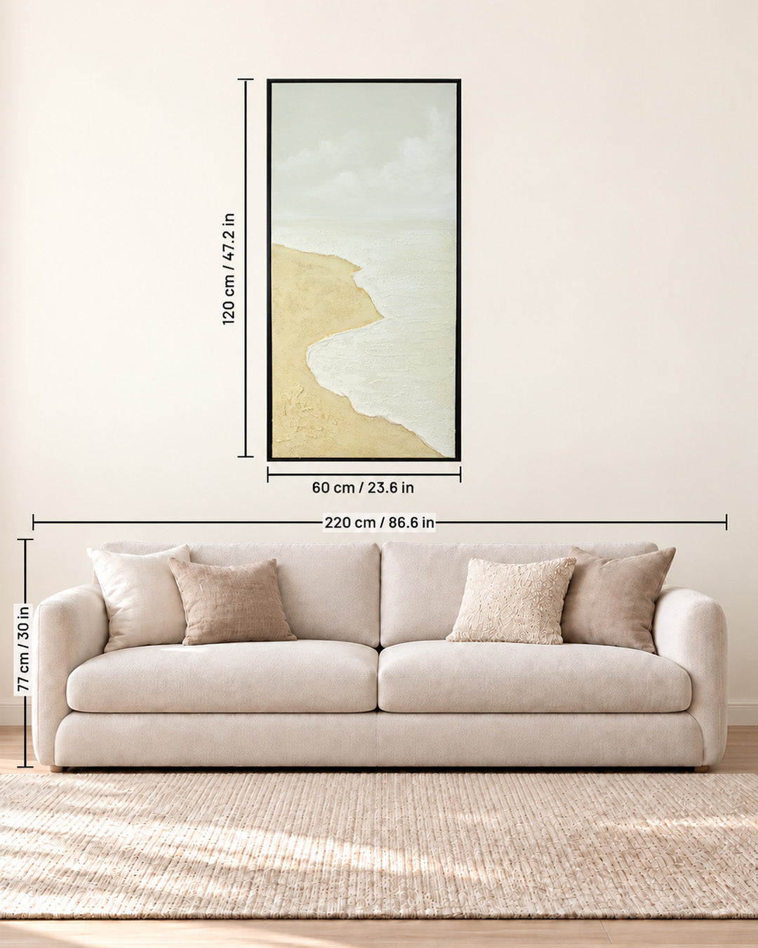 The Sea Comes Home minimalist beach painting size guide above a sofa