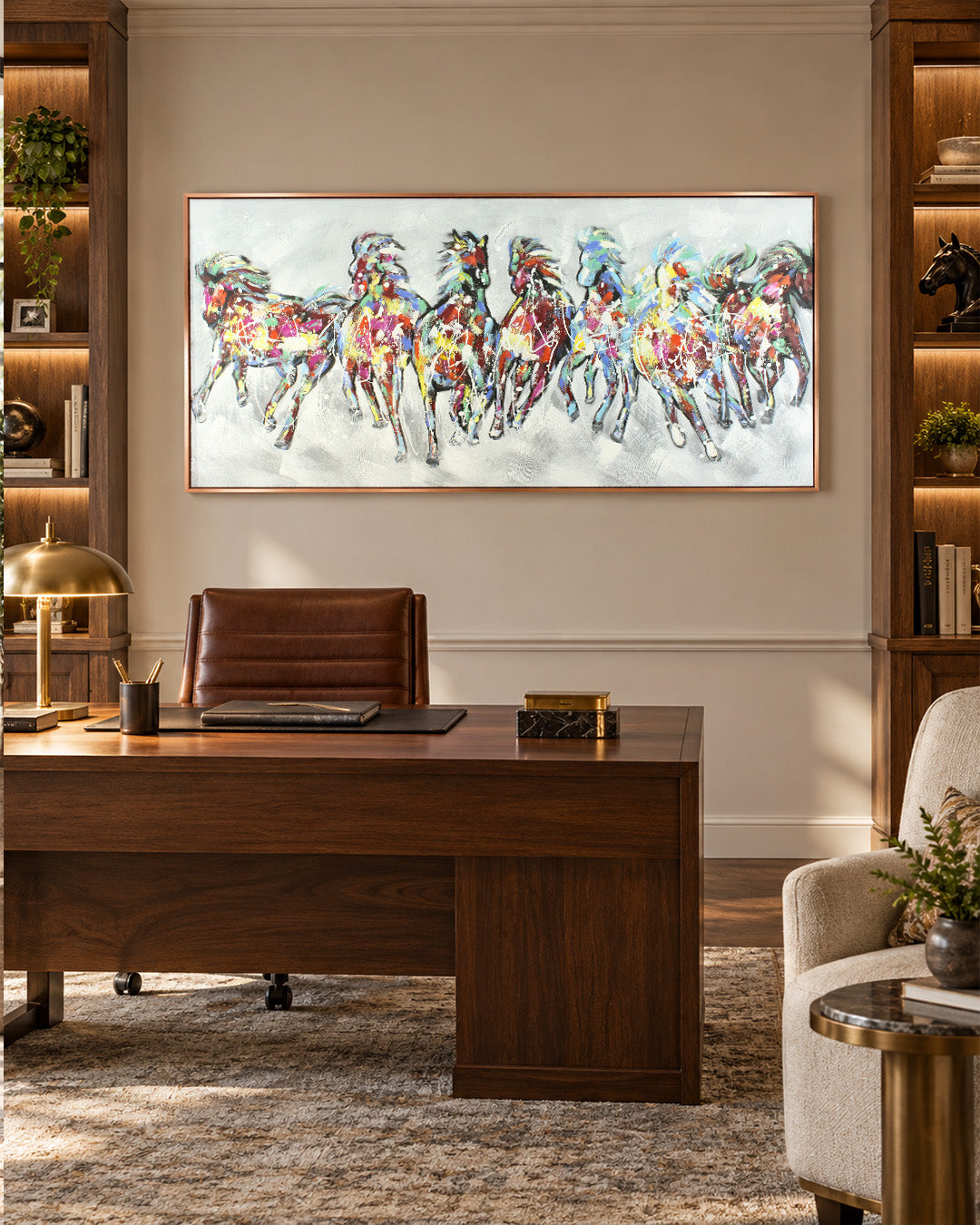 The Seven Horses equestrian wall art above a desk in a study