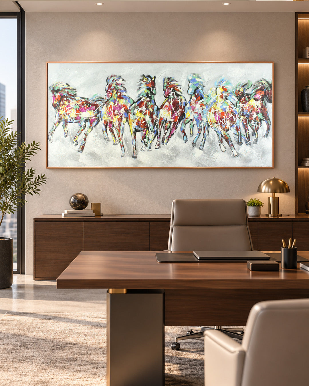 The Seven Horses equestrian wall art in a home office