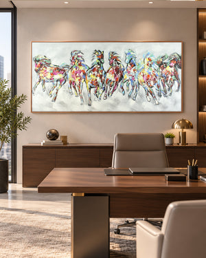 The Seven Horses equestrian wall art in a home office