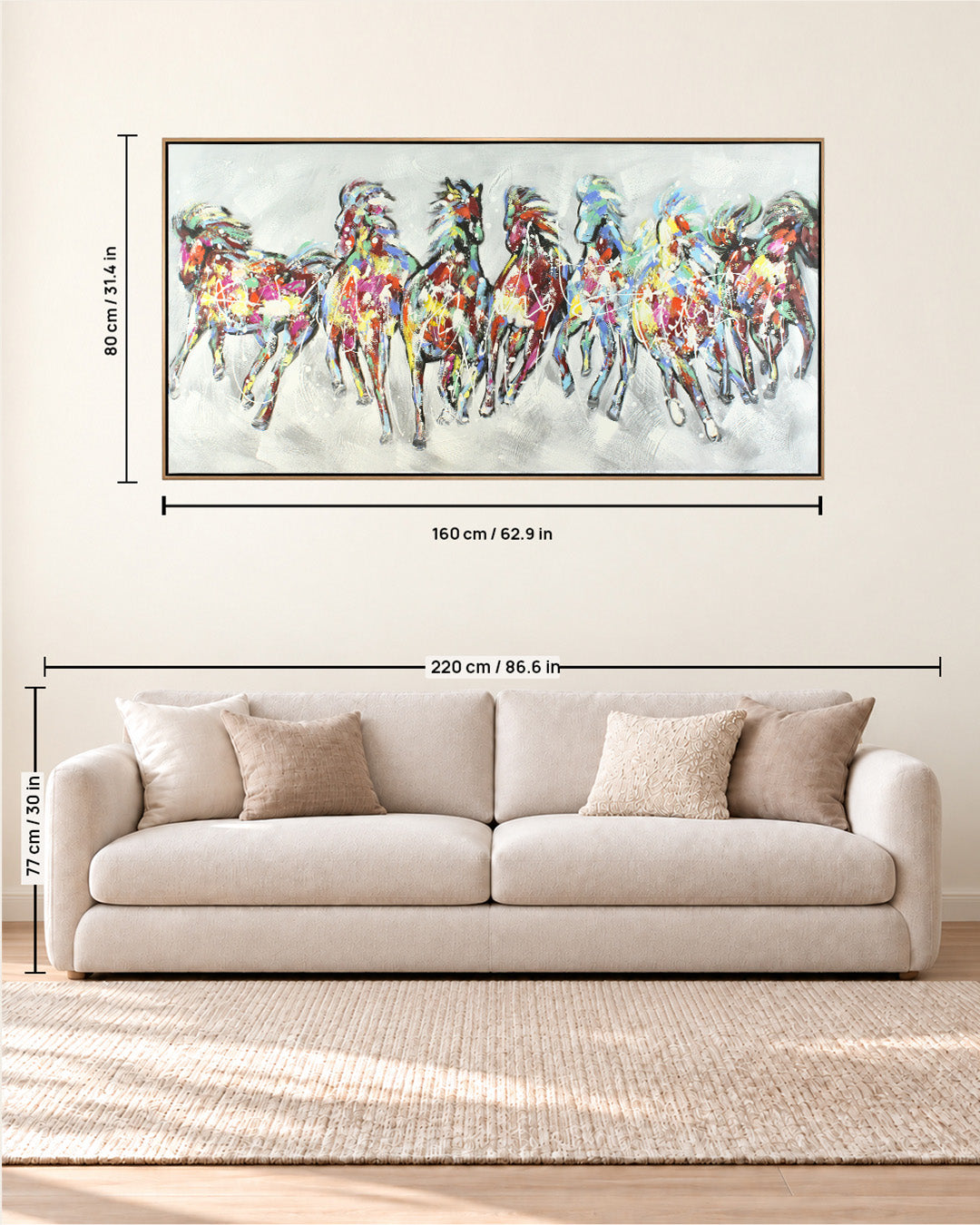 The Seven Horses equestrian wall art size guide above a sofa