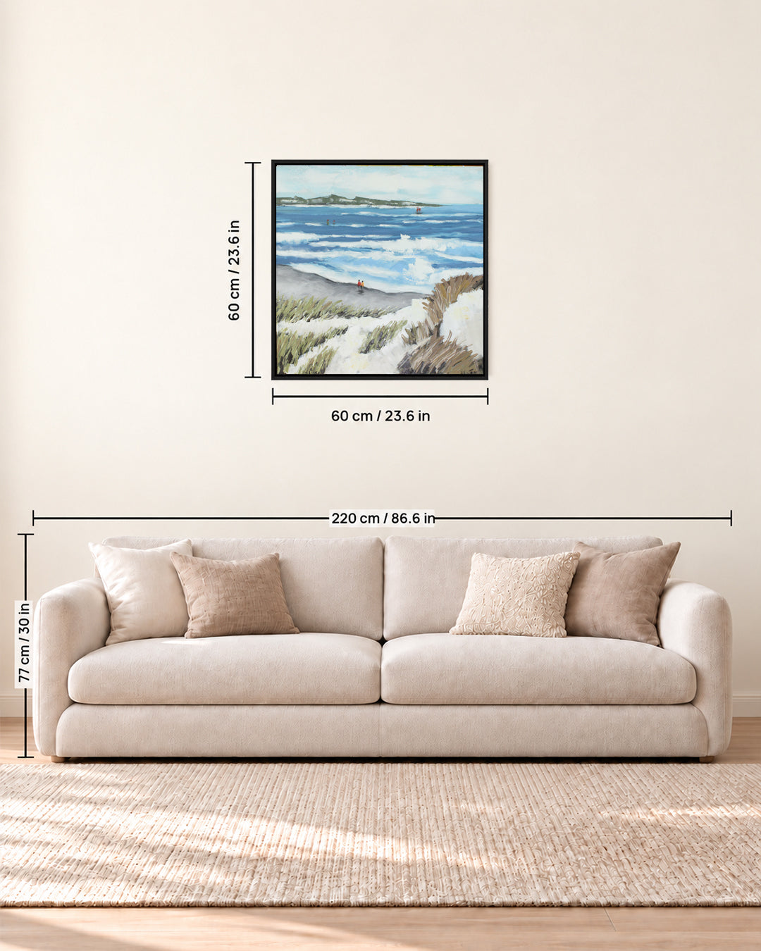 The Tide Between Us beach painting size guide above a sofa