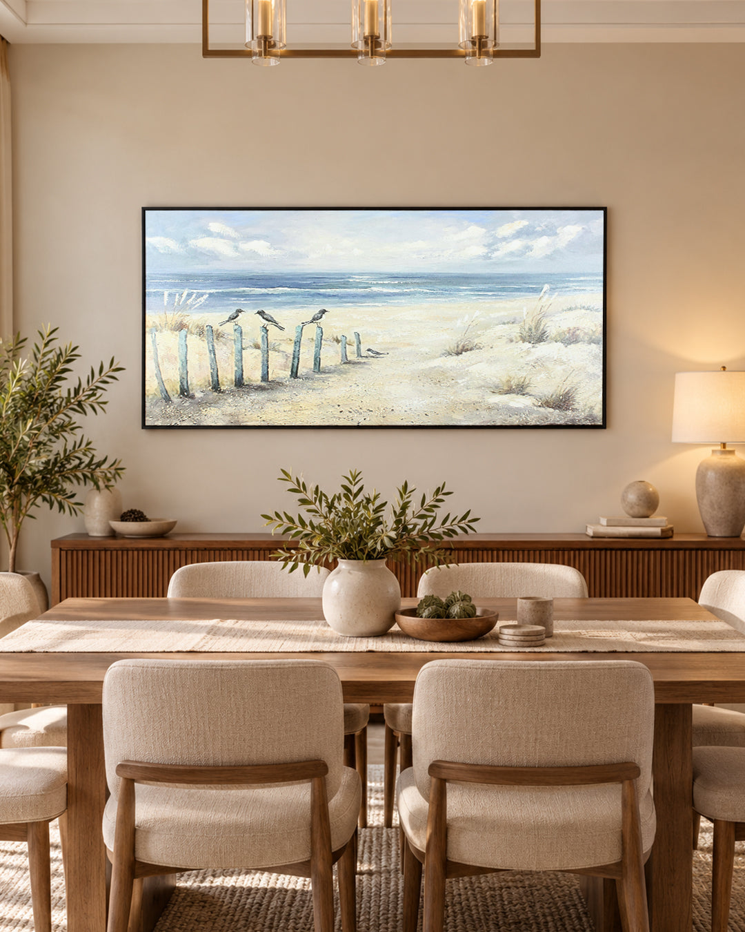 The Turning beach posts wall art above a dining table