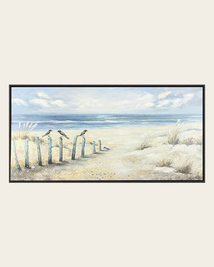 The Turning beach posts wall art front view in a black wood grain frame