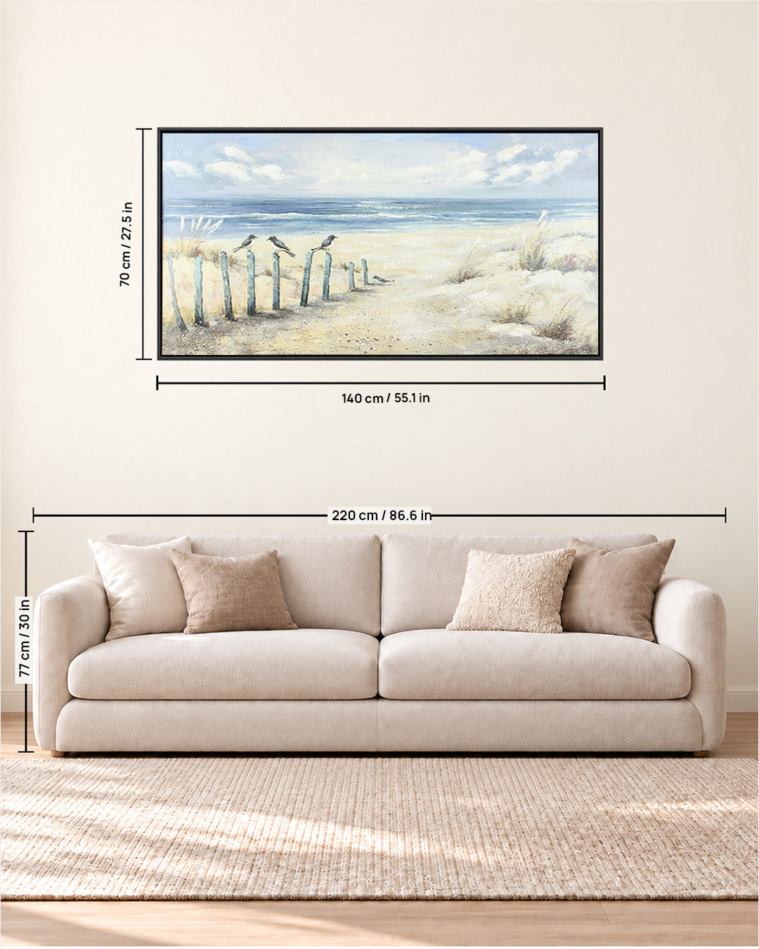 The Turning beach posts wall art size guide above a sofa