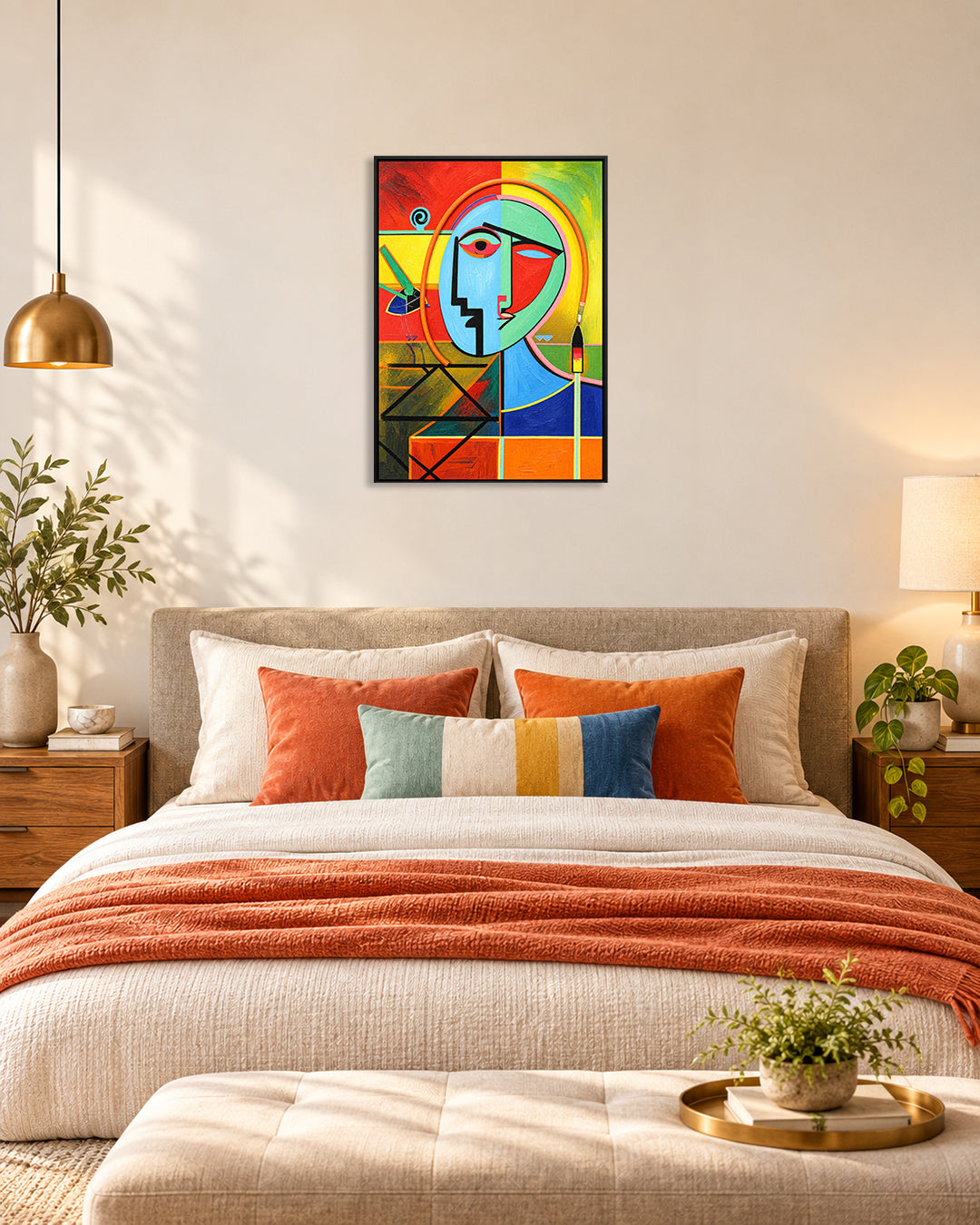 The Unsaid cubist face LED wall art above a bed in a bedroom