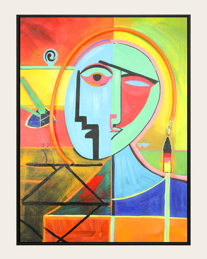 The Unsaid cubist face LED wall art front view in a black frame