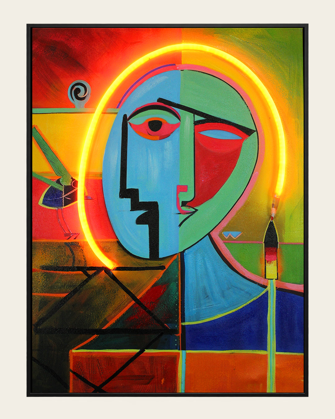The Unsaid cubist face LED wall art with the LED lighting switched on