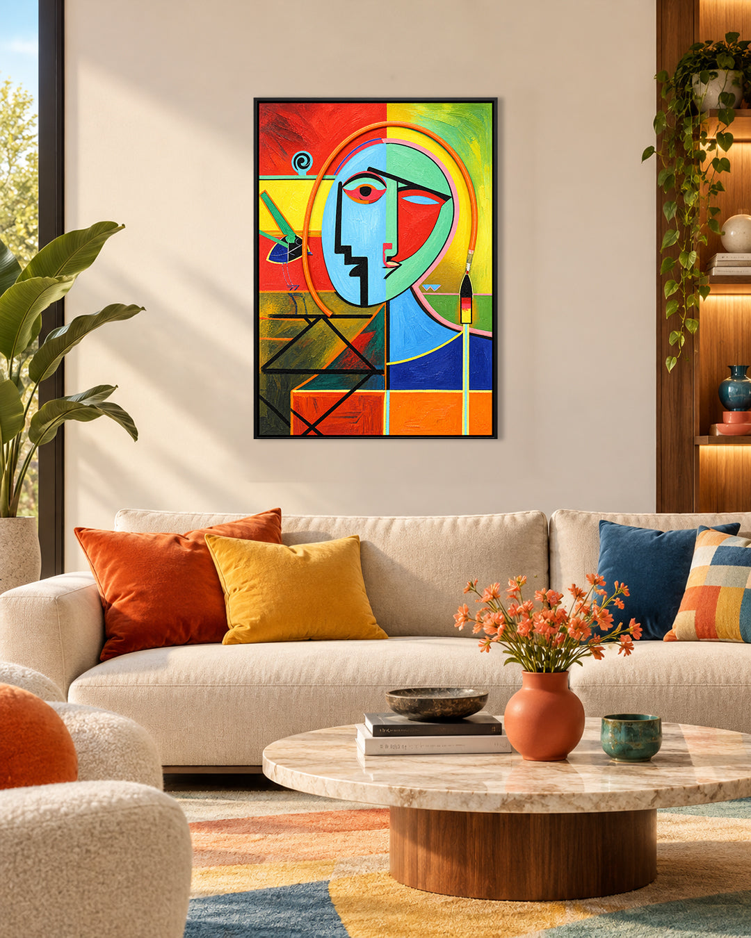 The Unsaid cubist face LED wall art in a living room above a sofa