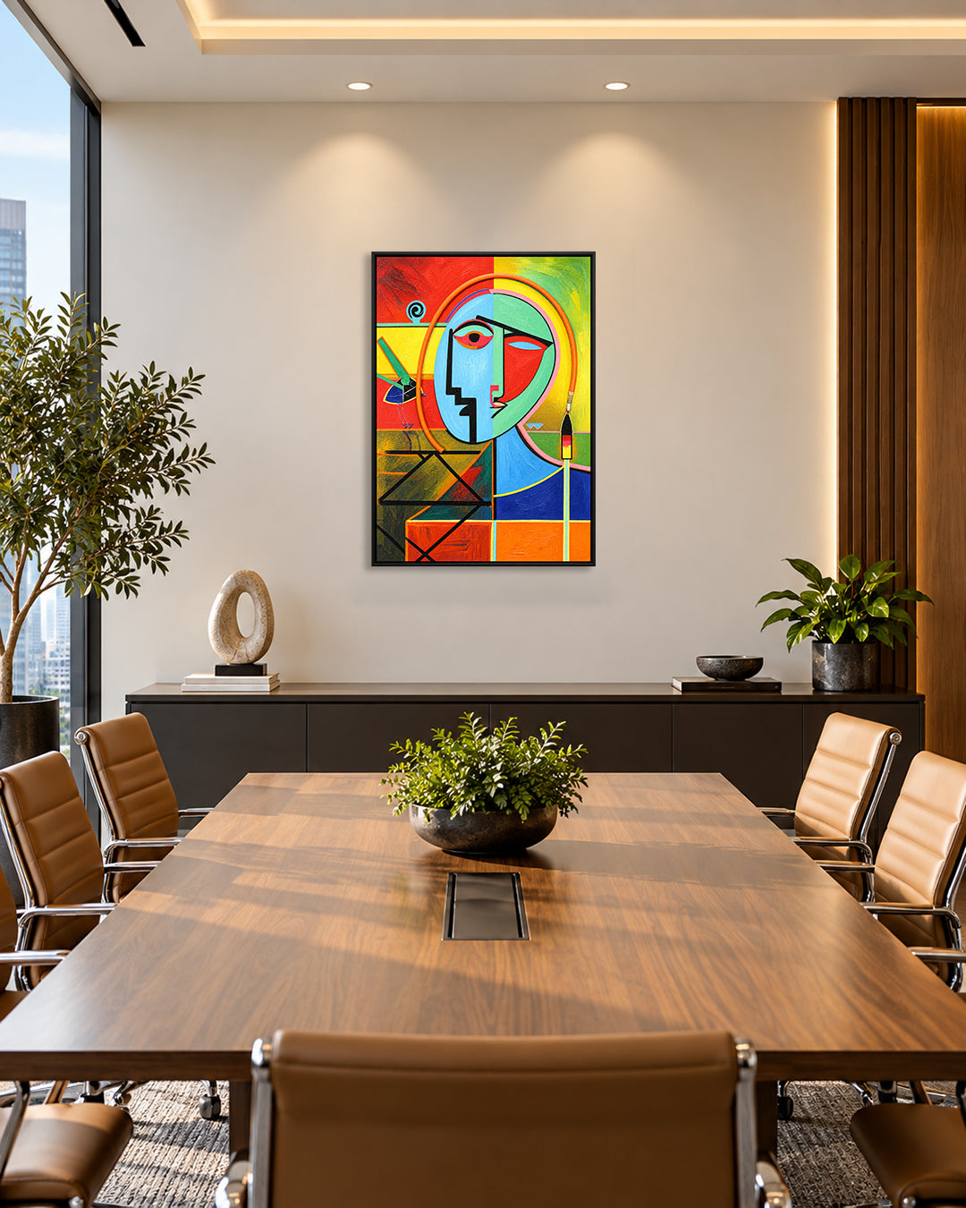 The Unsaid cubist face LED wall art in a meeting room
