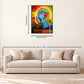 The Unsaid cubist face LED wall art size guide above a sofa