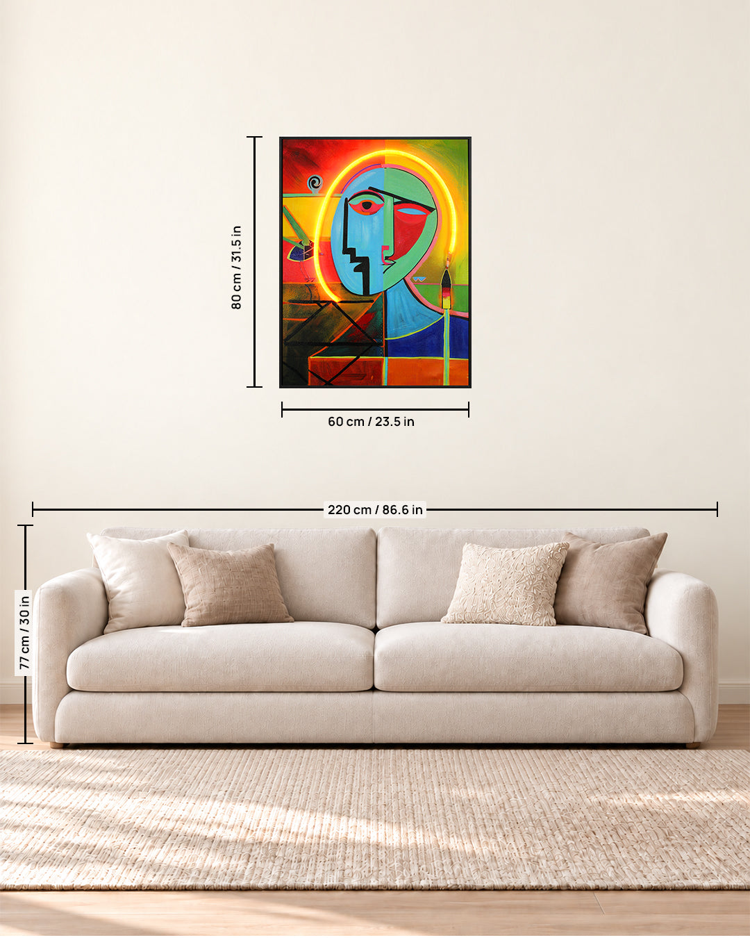 The Unsaid cubist face LED wall art size guide above a sofa