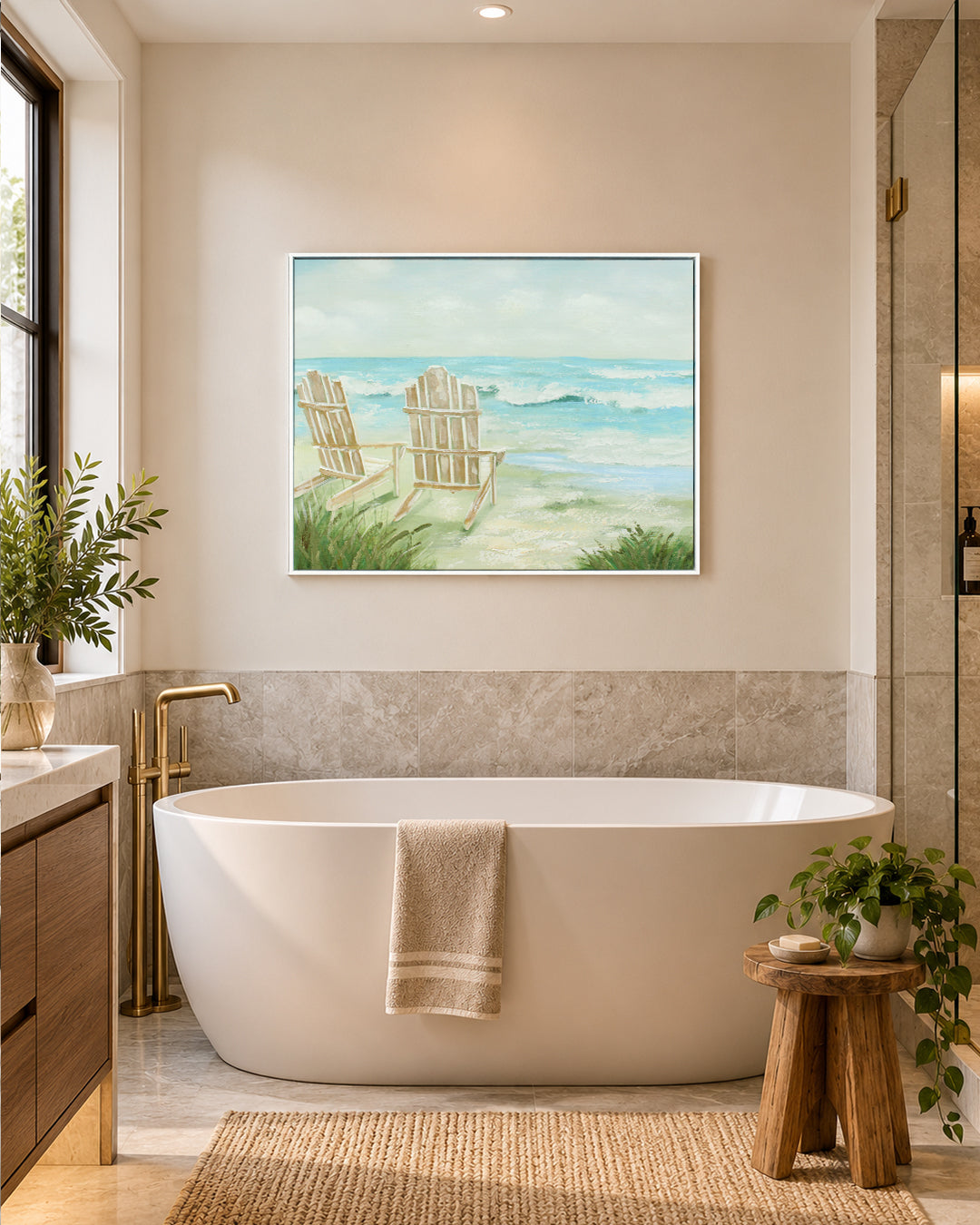 The View We Kept beach house wall art in a bathroom beside a freestanding bath