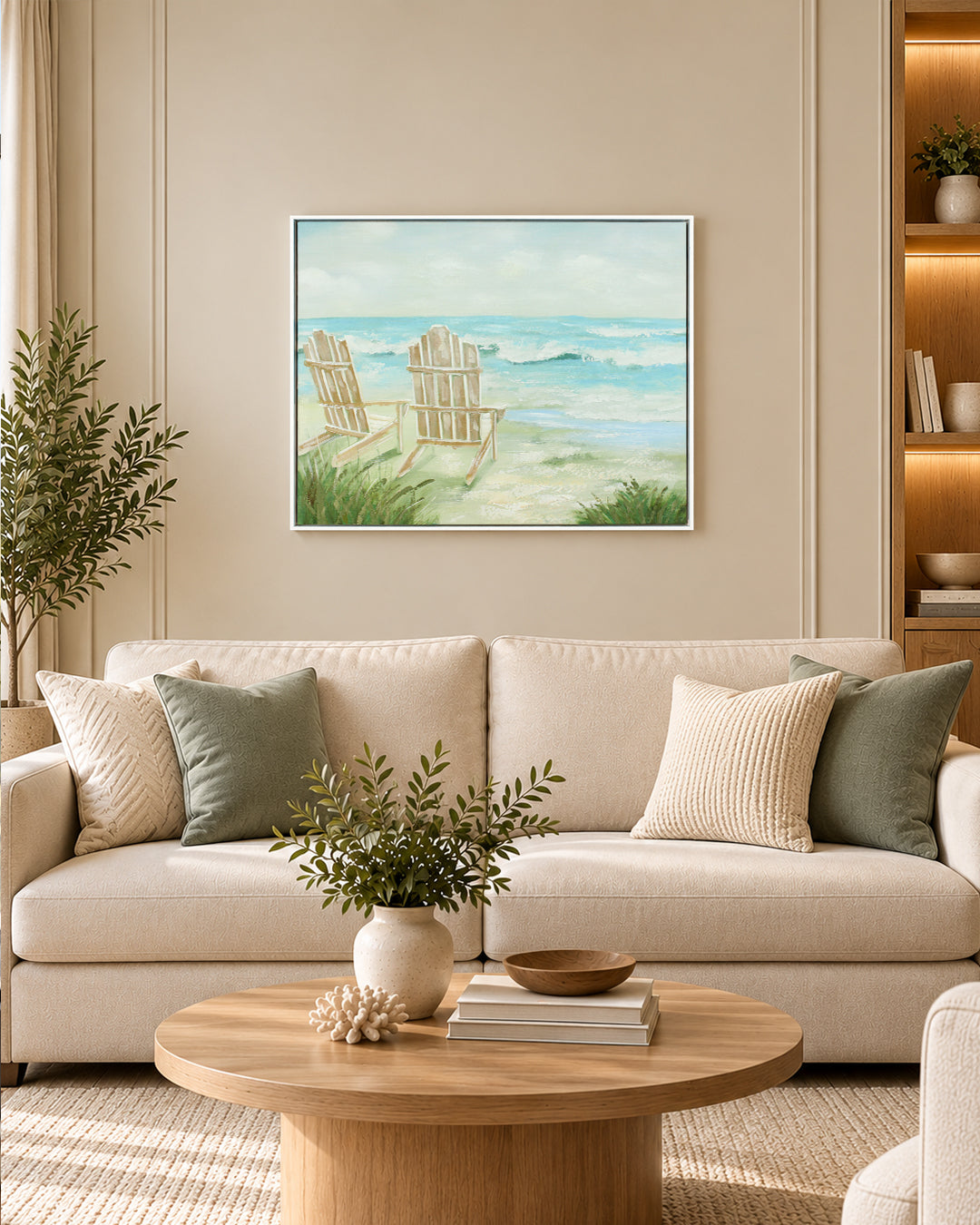The View We Kept beach house wall art above a sofa in a living room