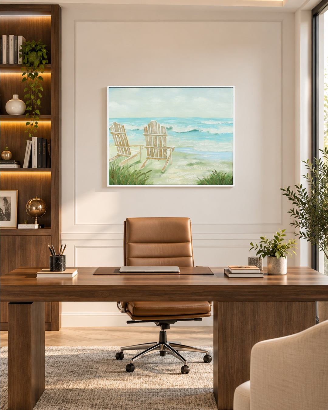The View We Kept beach house wall art in a home office above a desk